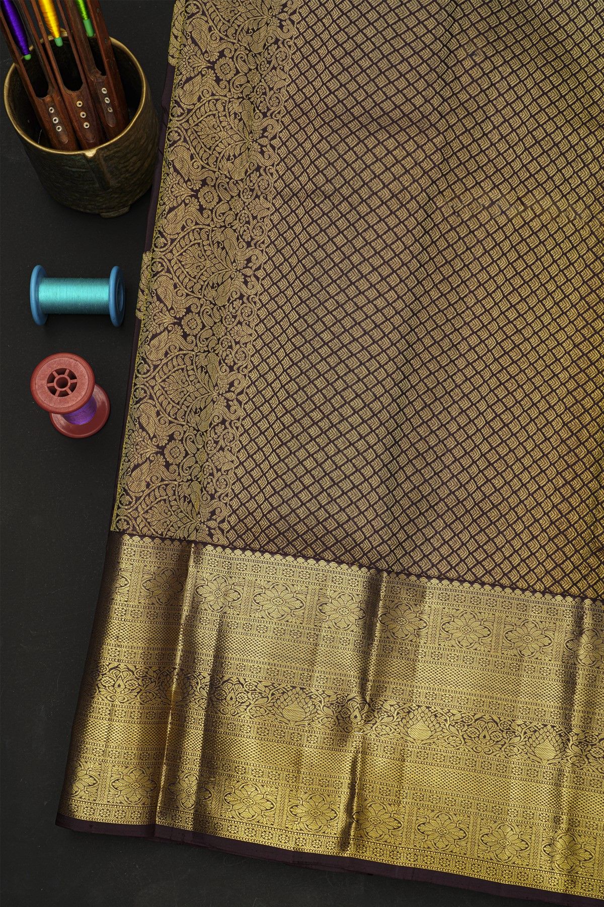 Kancheepuram Silk Dark Wine Saree With Florals And Buttis Body