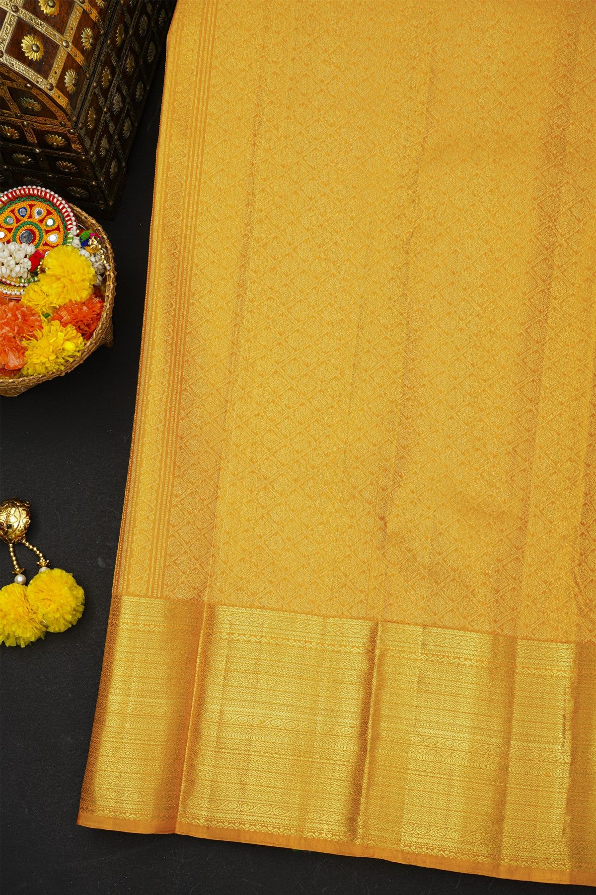Kancheepuram Silk Mustard Saree With Florals And Peacocks Buttis Body
