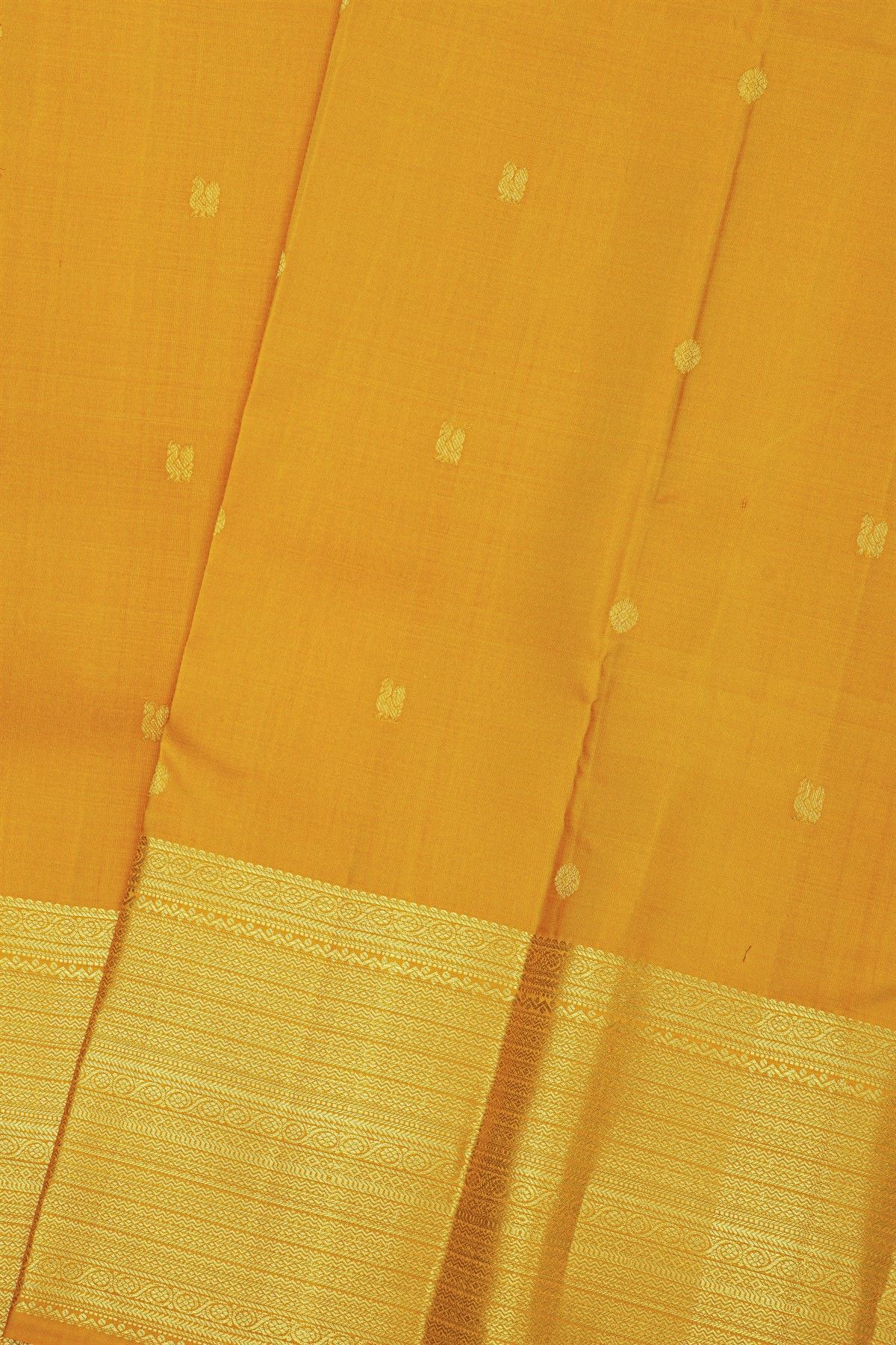 Kancheepuram Silk Mustard Saree With Florals And Peacocks Buttis Body