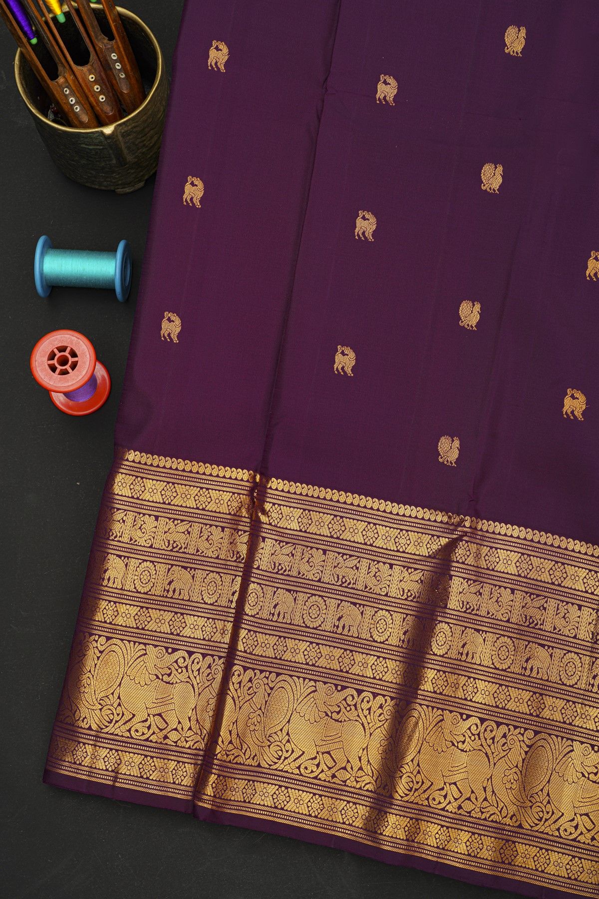 Kancheepuram Silk Purple Saree With Peacock And Yalli Body