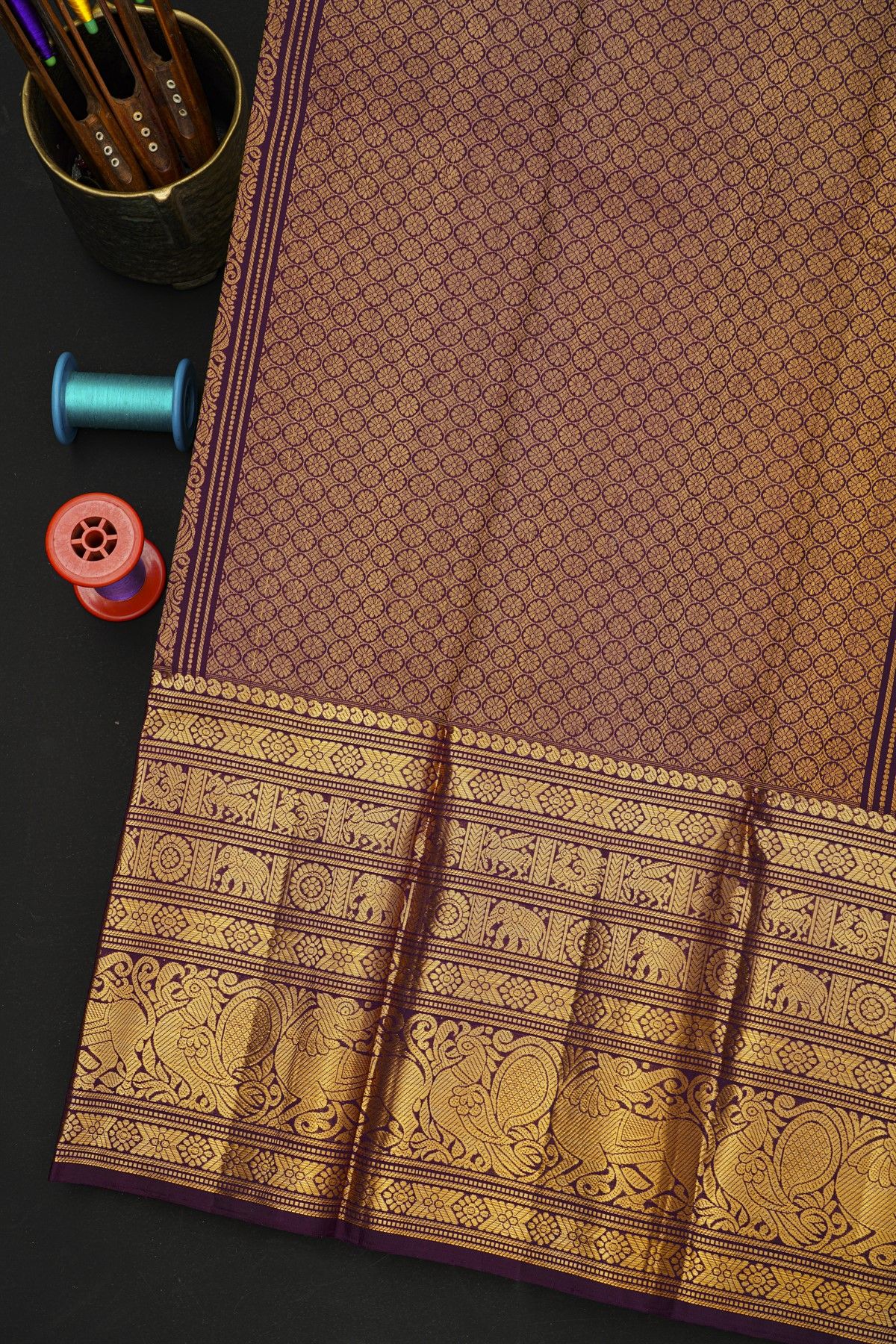 Kancheepuram Silk Purple Saree With Peacock And Yalli Body