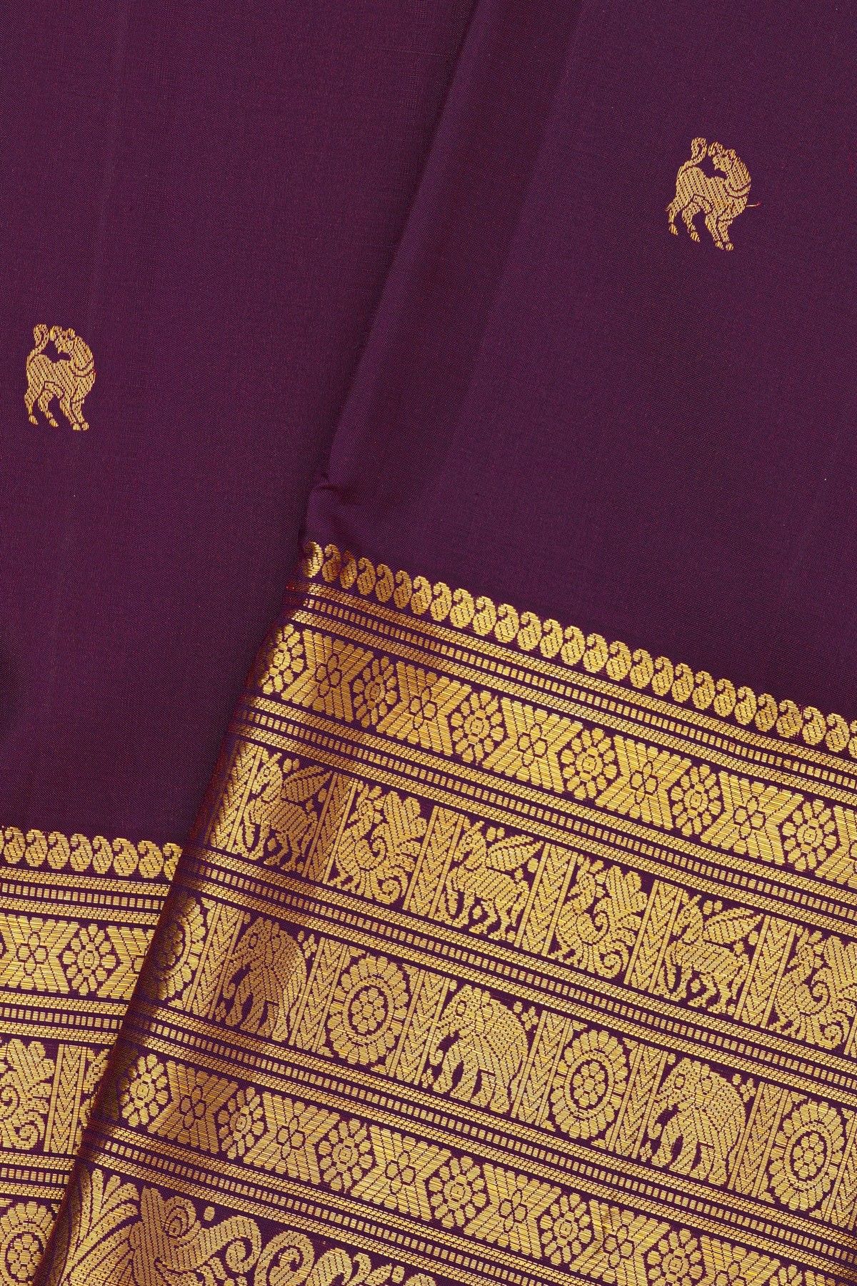 Kancheepuram Silk Purple Saree With Peacock And Yalli Body