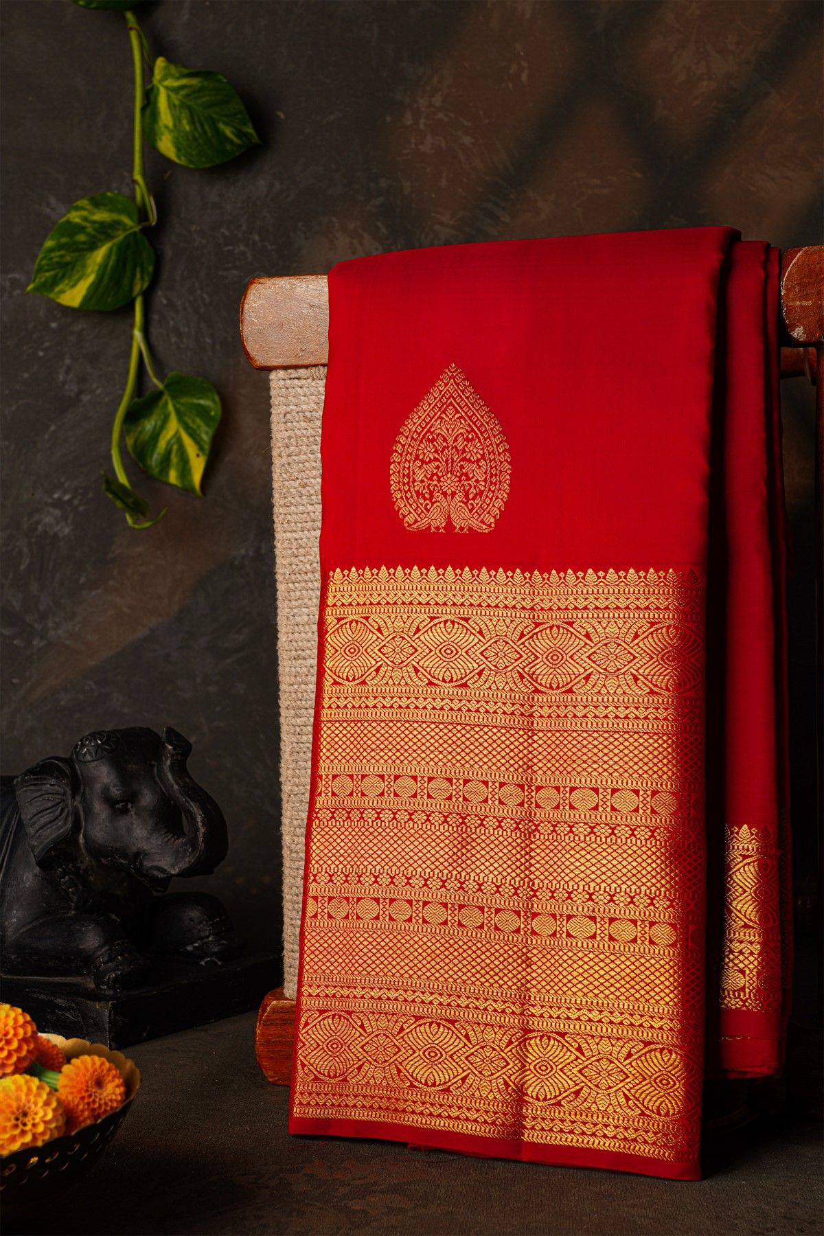 Kancheepuram Silk Red Saree With Florals And Buttis Body