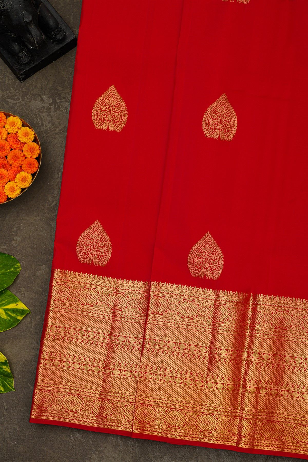 Kancheepuram Silk Red Saree With Florals And Buttis Body