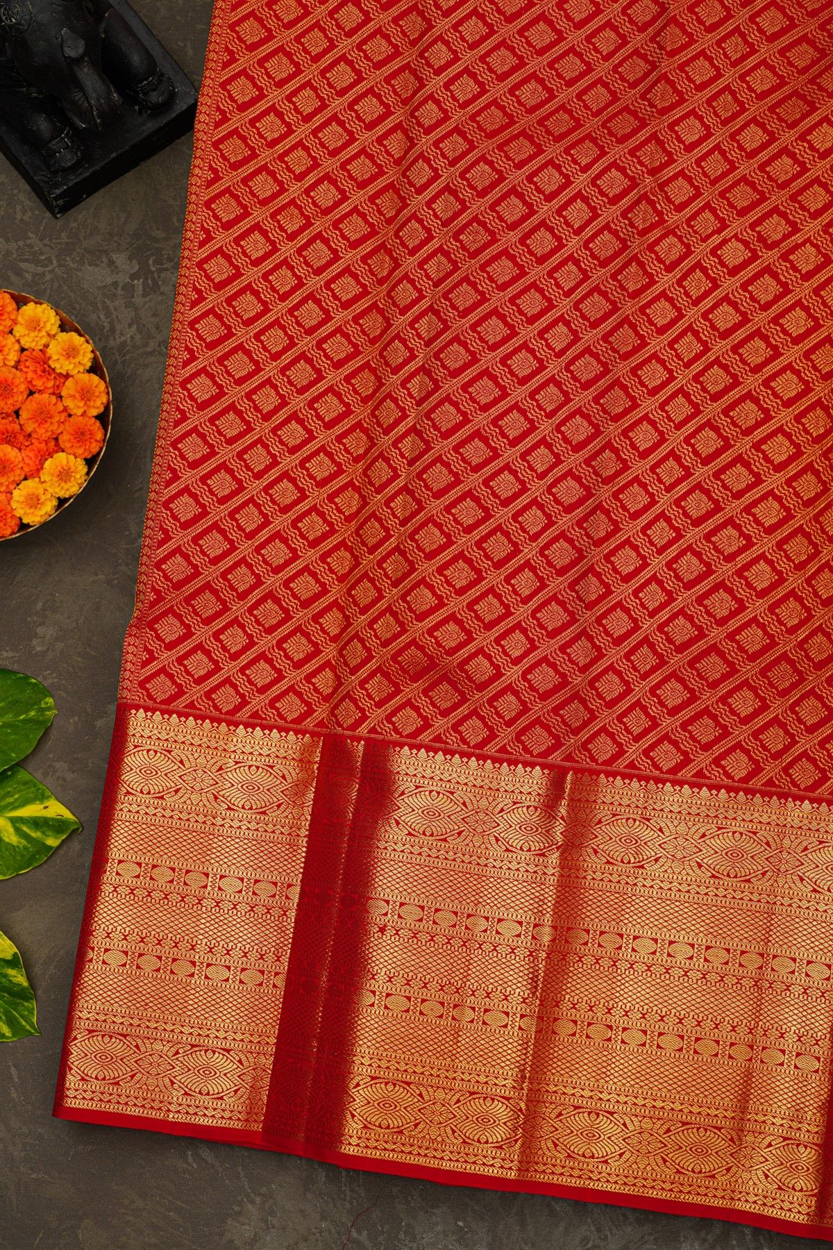 Kancheepuram Silk Red Saree With Florals And Buttis Body