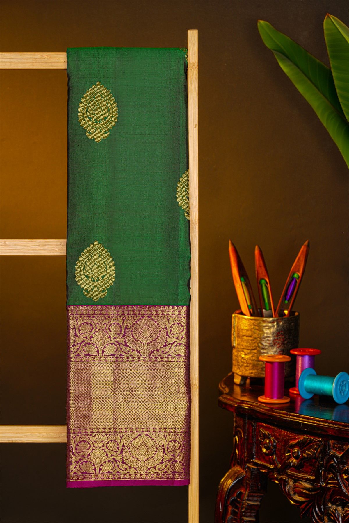 Kancheepuram Silk Bottle Green Saree With Florals And Buttis Body