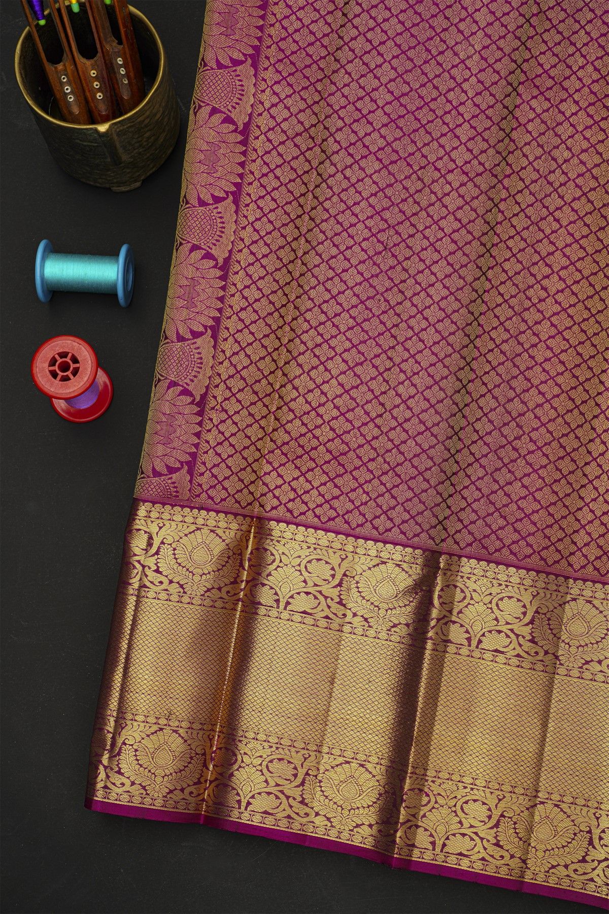 Kancheepuram Silk Bottle Green Saree With Florals And Buttis Body
