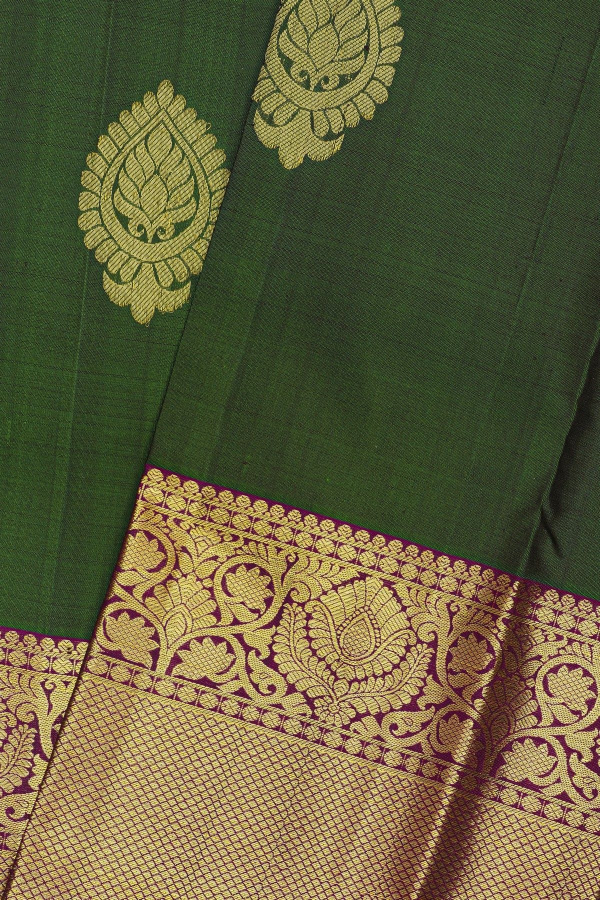 Kancheepuram Silk Bottle Green Saree With Florals And Buttis Body