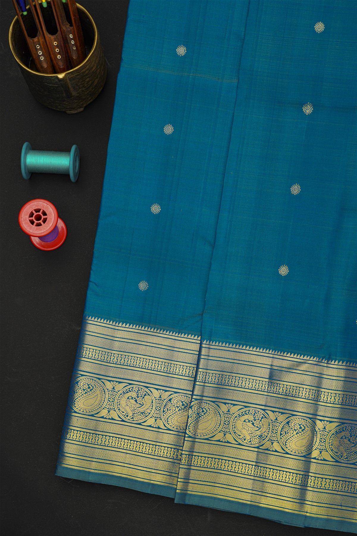 Kancheepuram Silk Teal Blue Saree With Florals And Buttis Body