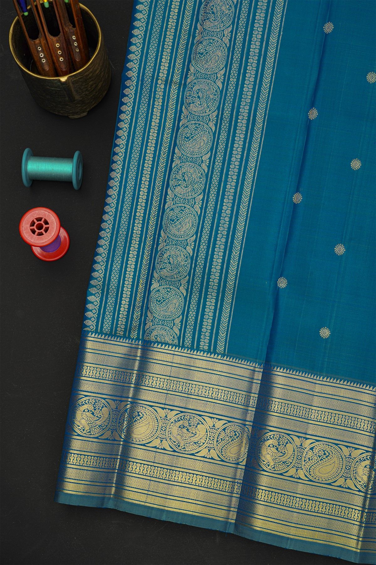 Kancheepuram Silk Teal Blue Saree With Florals And Buttis Body