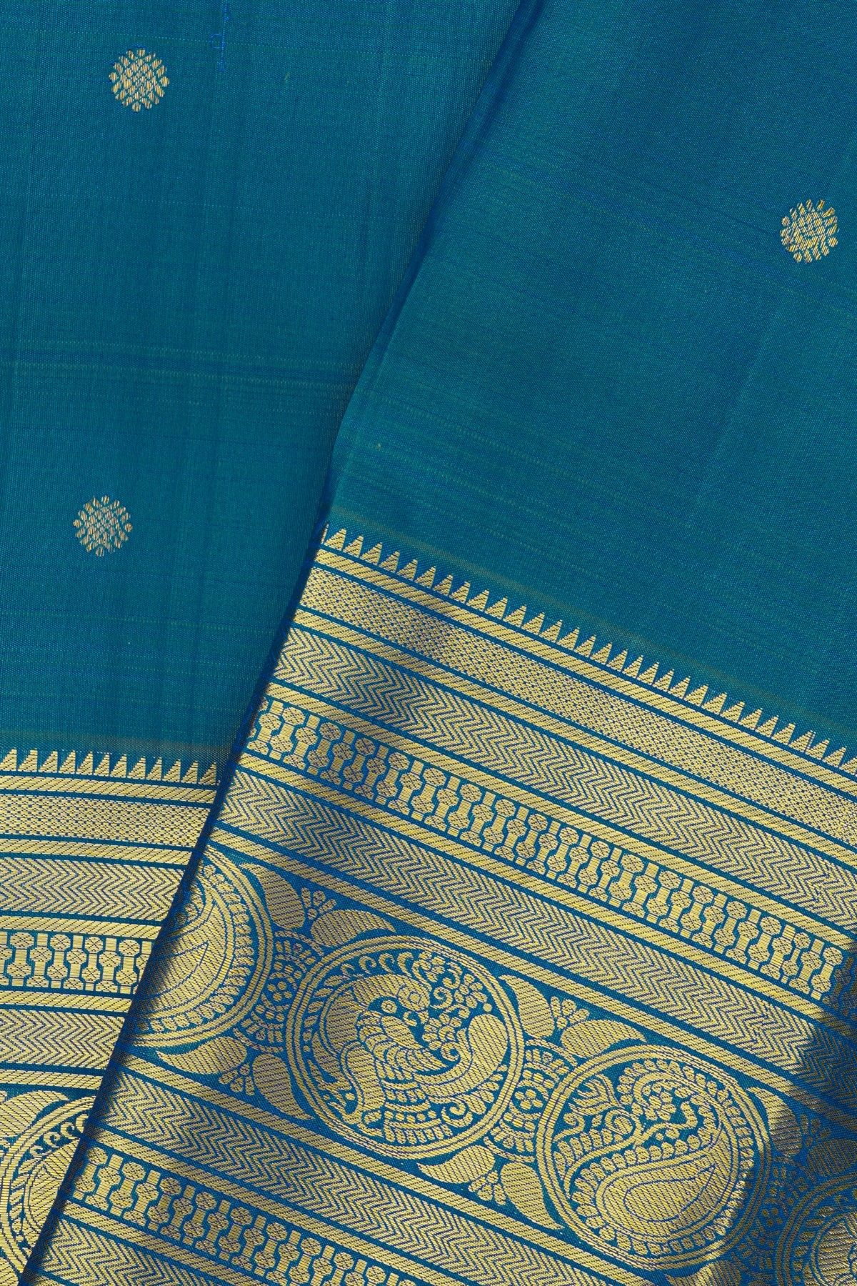 Kancheepuram Silk Teal Blue Saree With Florals And Buttis Body
