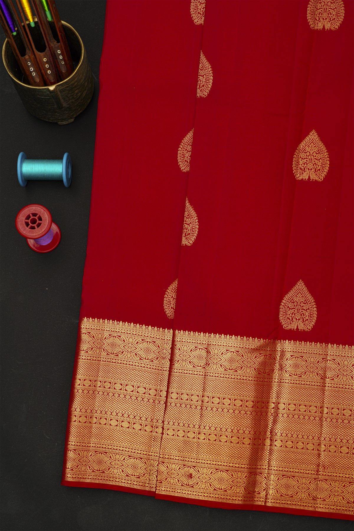 Kancheepuram Silk Red Saree With Florals And Birds In Buttis Body