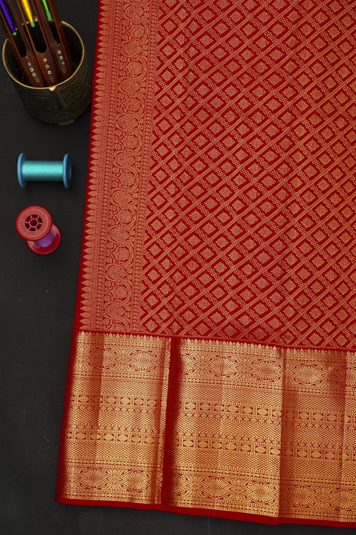 Kancheepuram Silk Red Saree With Florals And Birds In Buttis Body