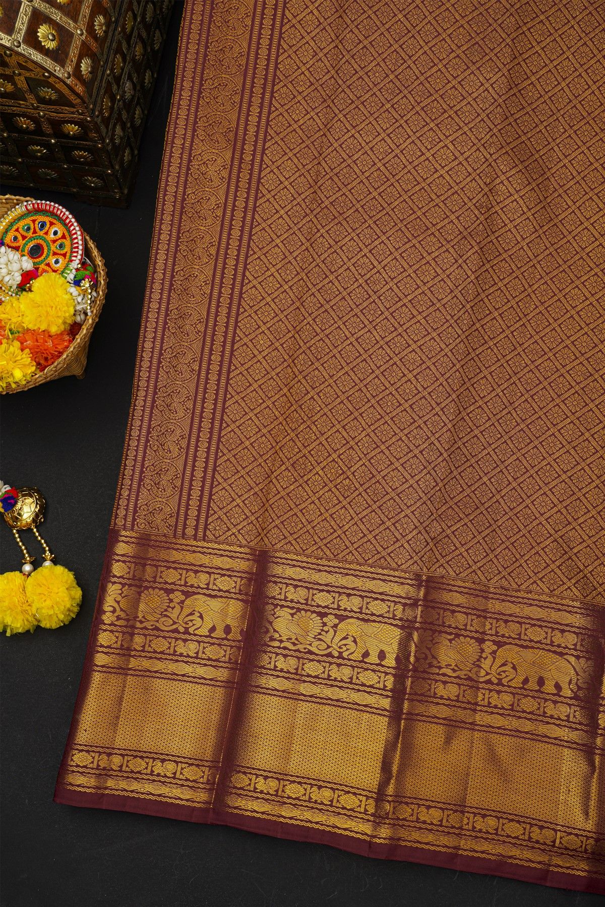 Kancheepuram Silk Wine Saree With Florals And Peacocks Buttis Body