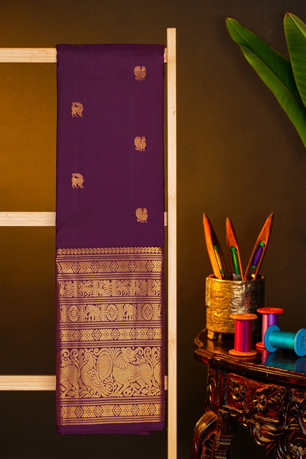Kancheepuram Silk Purple Saree With Peacocks And Lions In Buttis Body