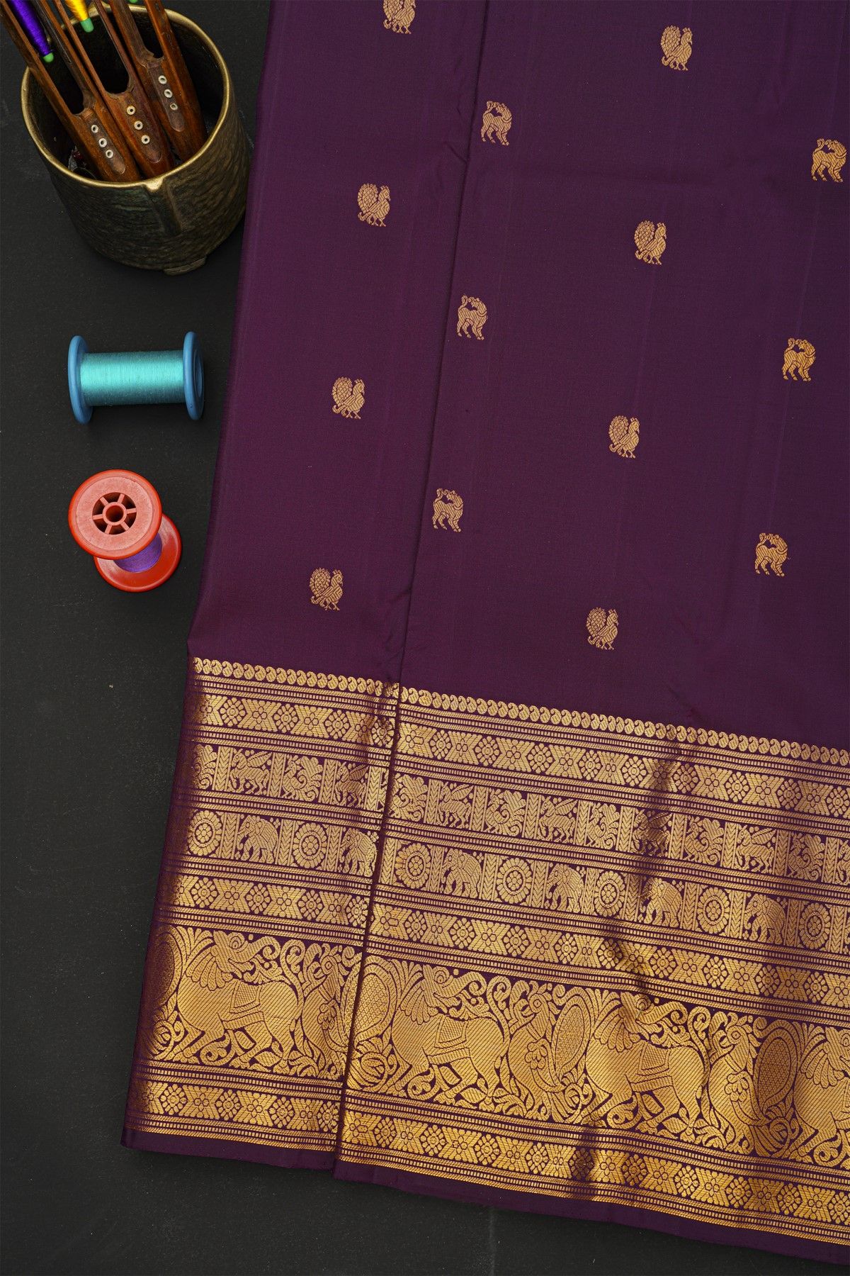 Kancheepuram Silk Purple Saree With Peacocks And Lions In Buttis Body