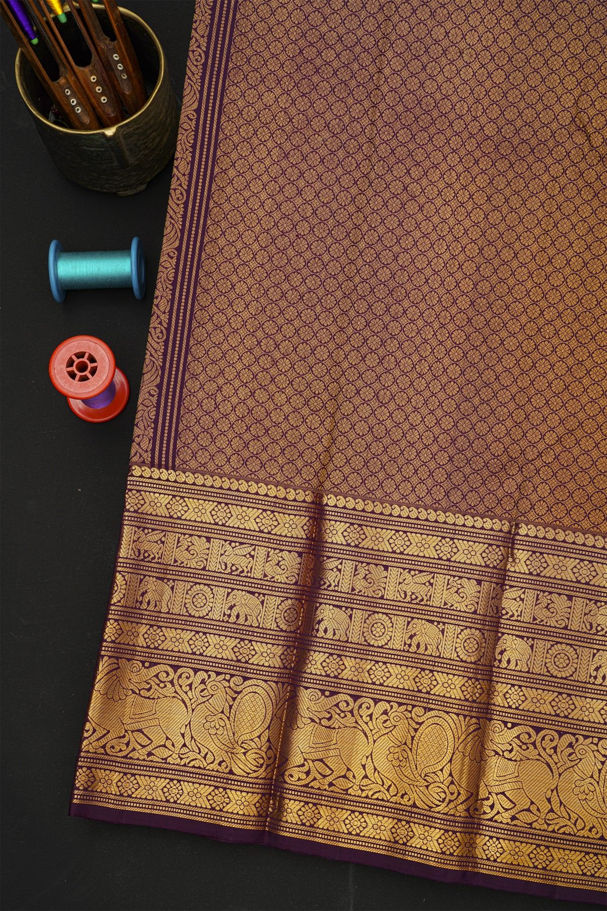 Kancheepuram Silk Purple Saree With Peacocks And Lions In Buttis Body