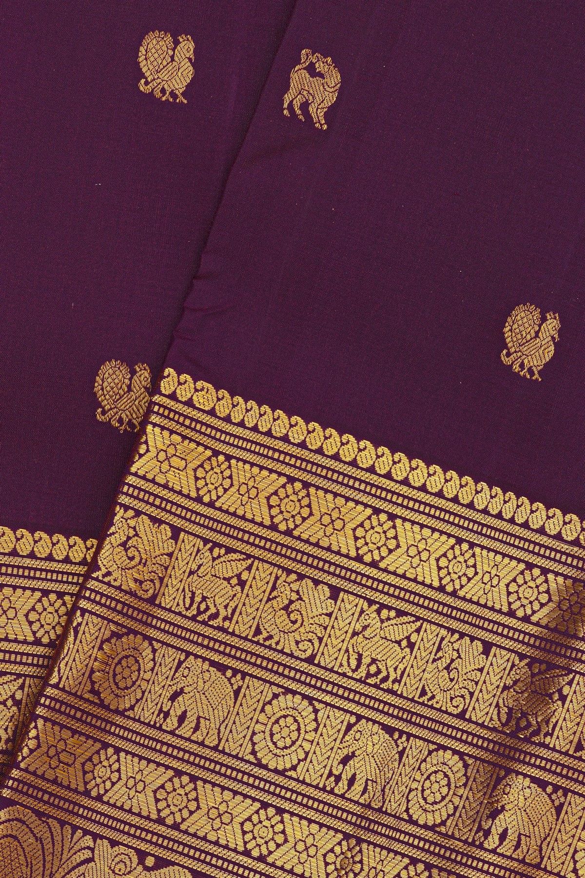 Kancheepuram Silk Purple Saree With Peacocks And Lions In Buttis Body