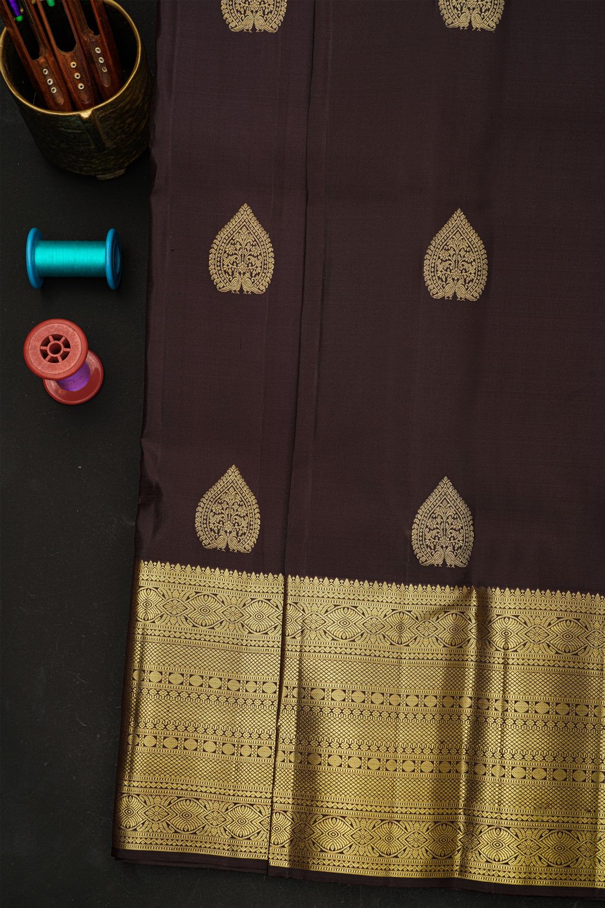 Kancheepuram Silk Black Saree With Florals And Birds In Buttis Body And Self Border