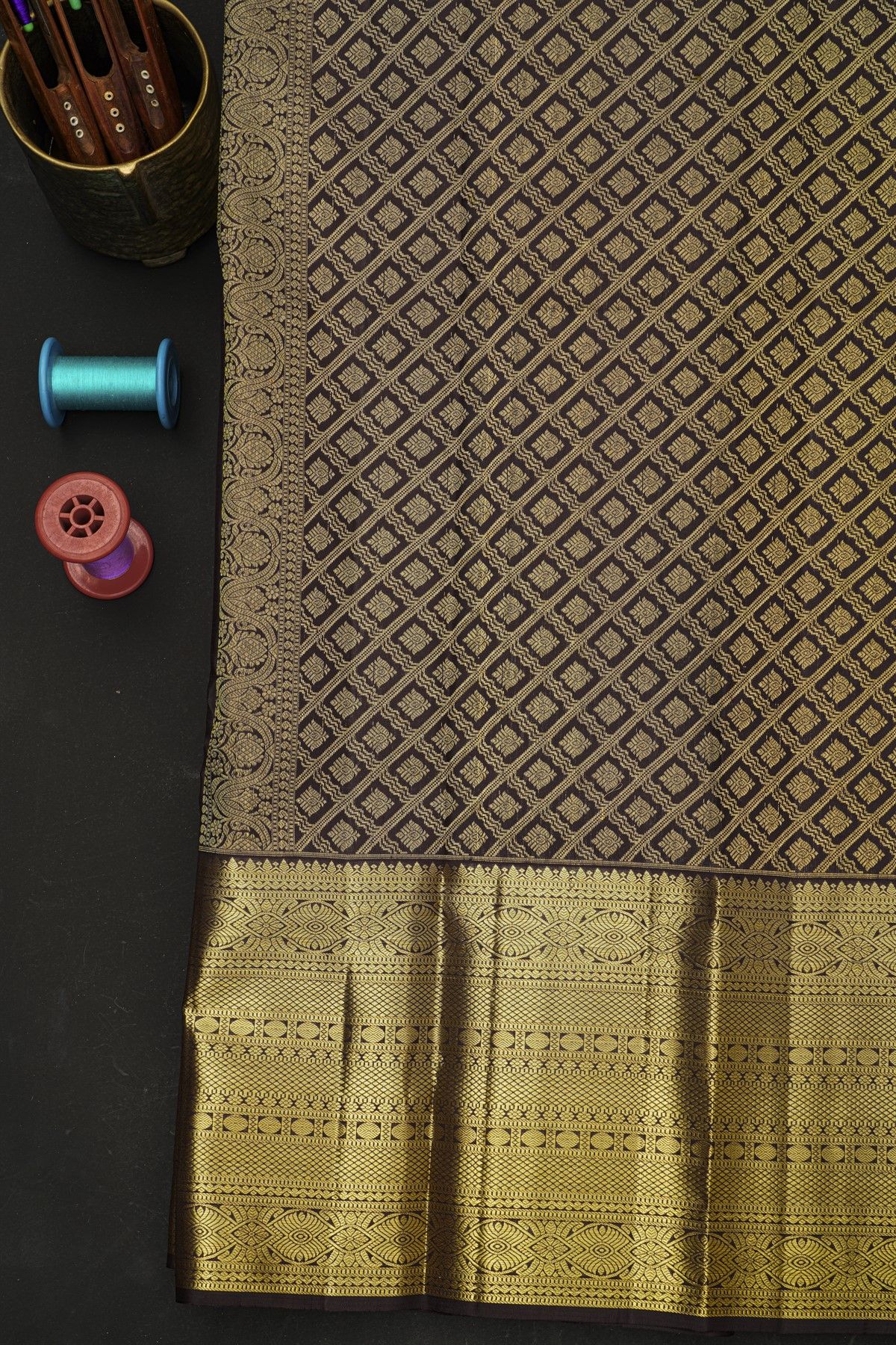 Kancheepuram Silk Black Saree With Florals And Birds In Buttis Body And Self Border