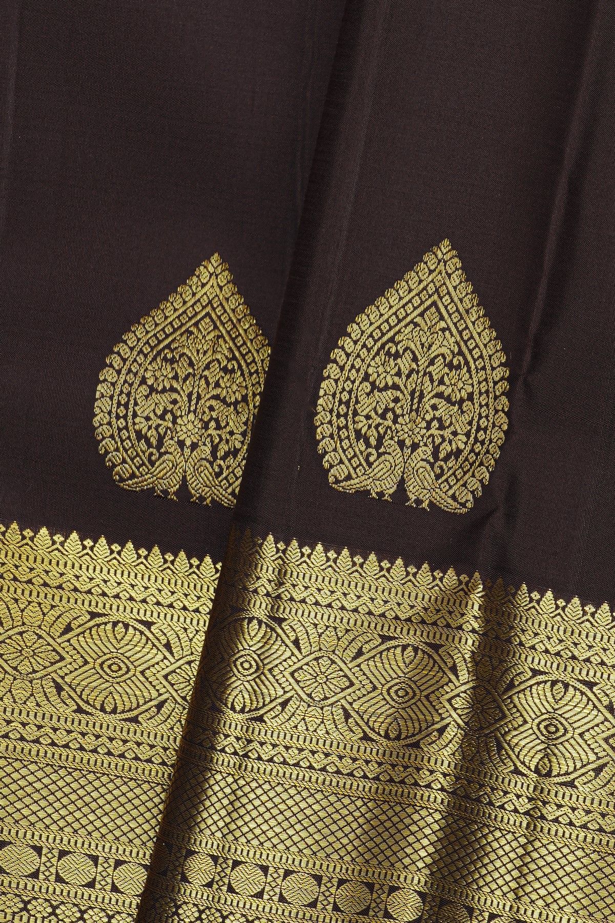 Kancheepuram Silk Black Saree With Florals And Birds In Buttis Body And Self Border