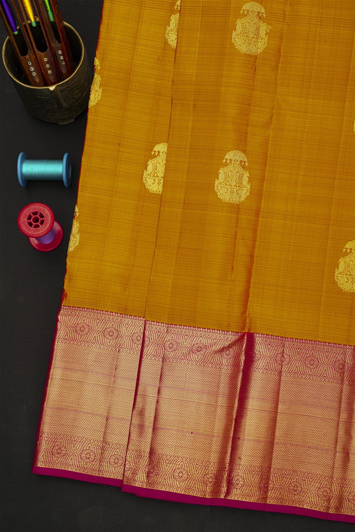 Kancheepuram Silk Mustard Yellow Saree With Gandaberunda Buttis And Bird Body
