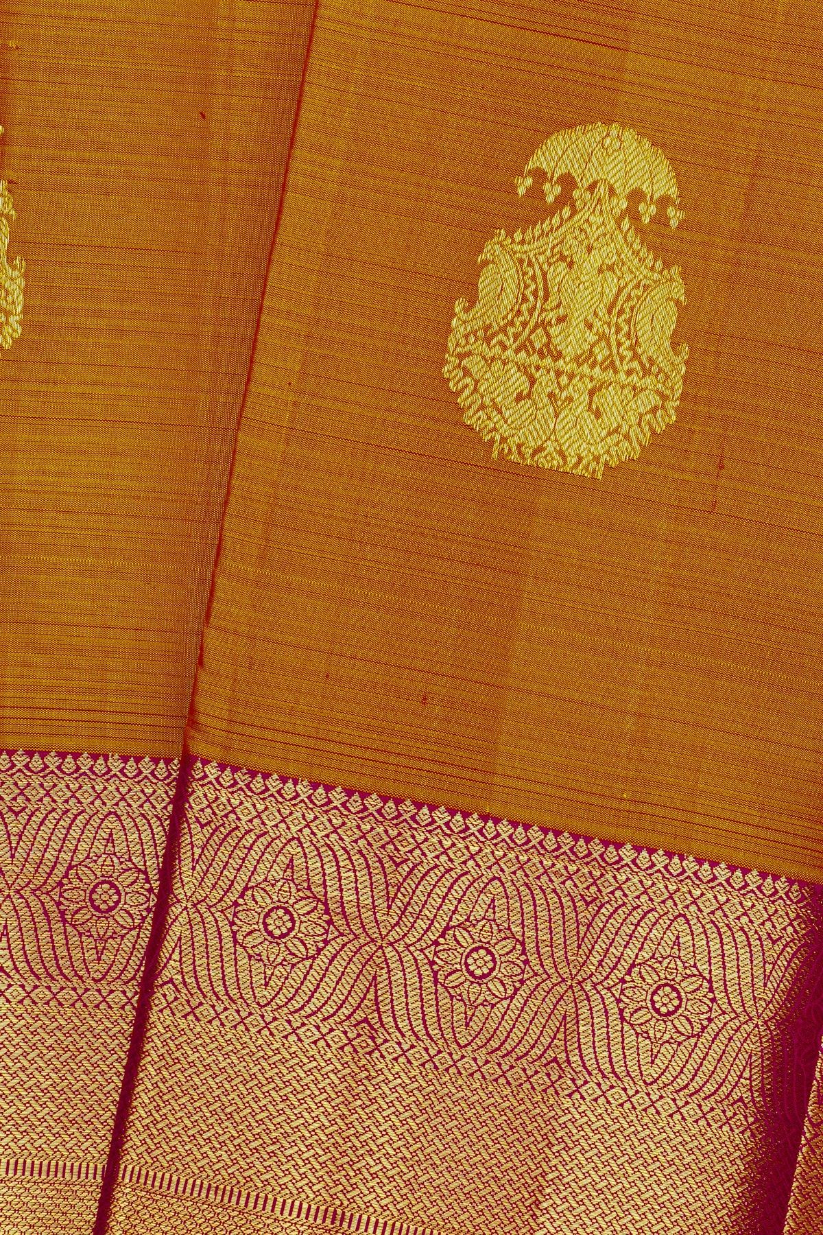 Kancheepuram Silk Mustard Yellow Saree With Gandaberunda Buttis And Bird Body