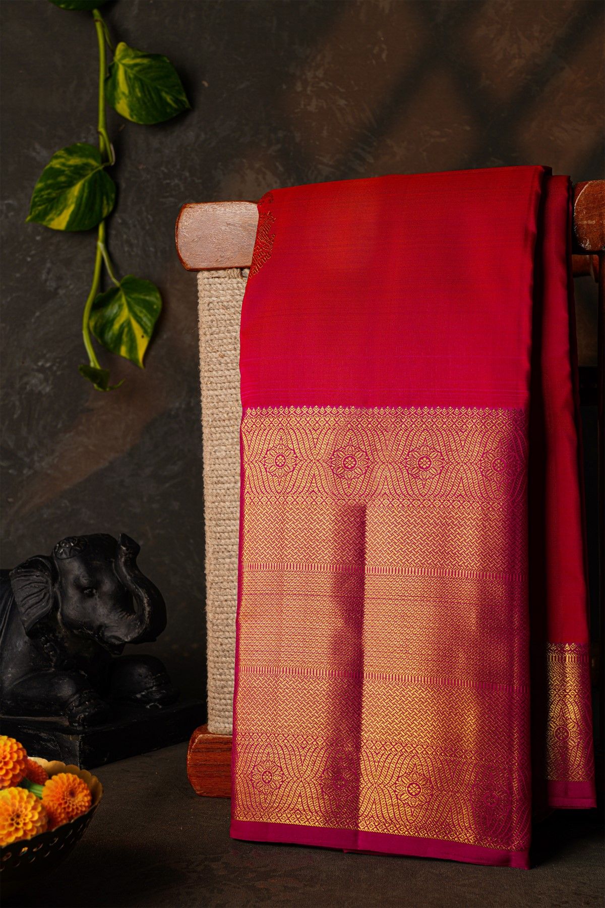 Kancheepuram Silk Red Saree With Florals And Zari Work Long Self Border