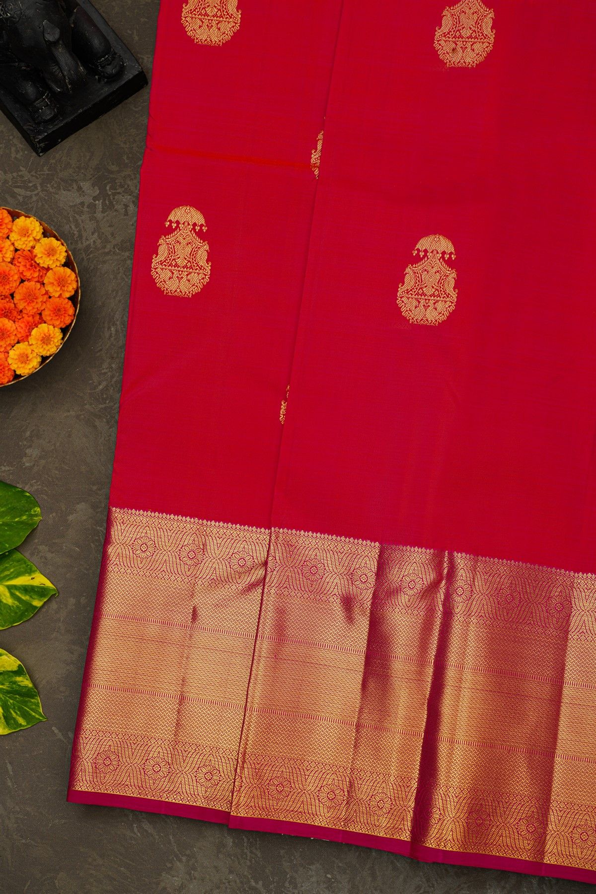 Kancheepuram Silk Red Saree With Florals And Zari Work Long Self Border