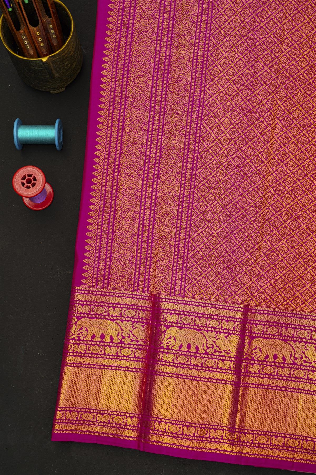 Kancheepuram Silk Rani Pink Saree With Florals And Peacocks Buttis Body
