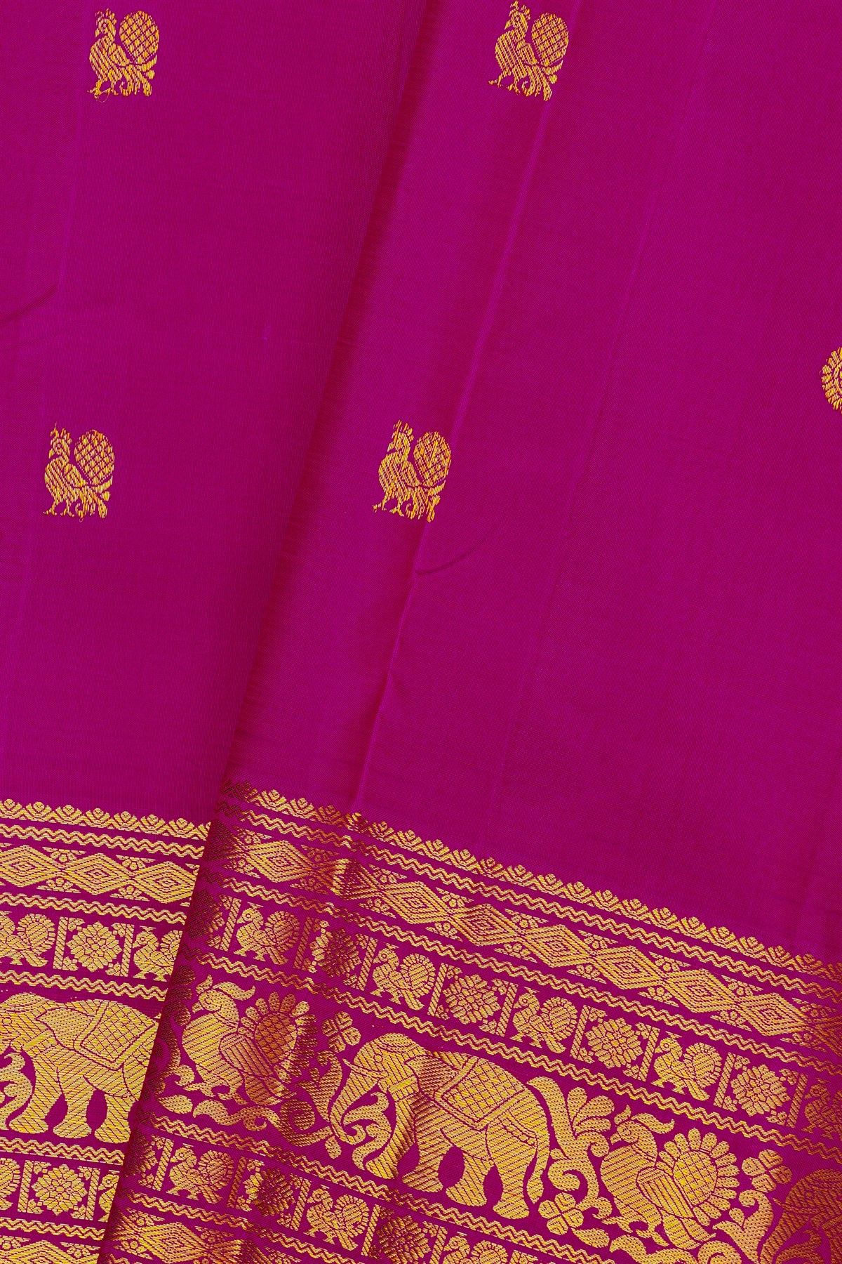 Kancheepuram Silk Rani Pink Saree With Florals And Peacocks Buttis Body