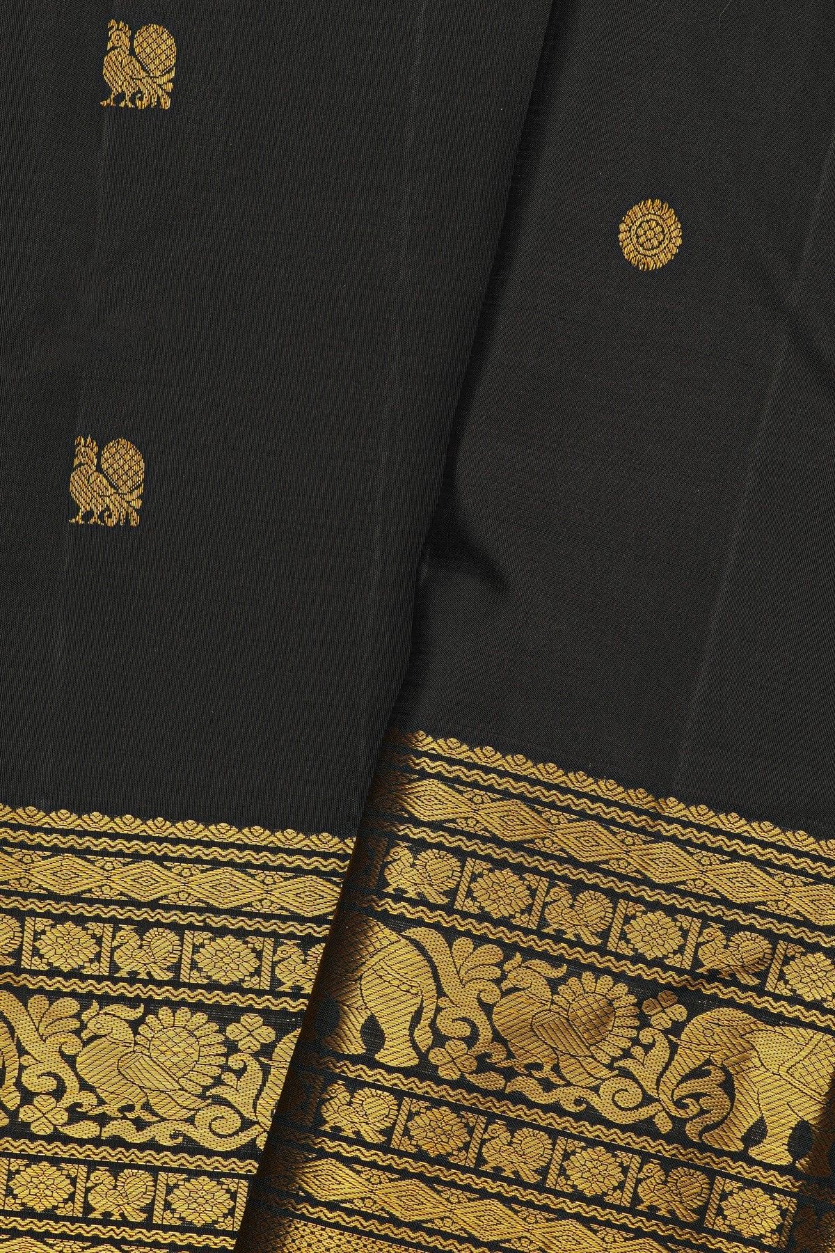 Kancheepuram Silk Black Saree With Florals And Peacock Buttis Body