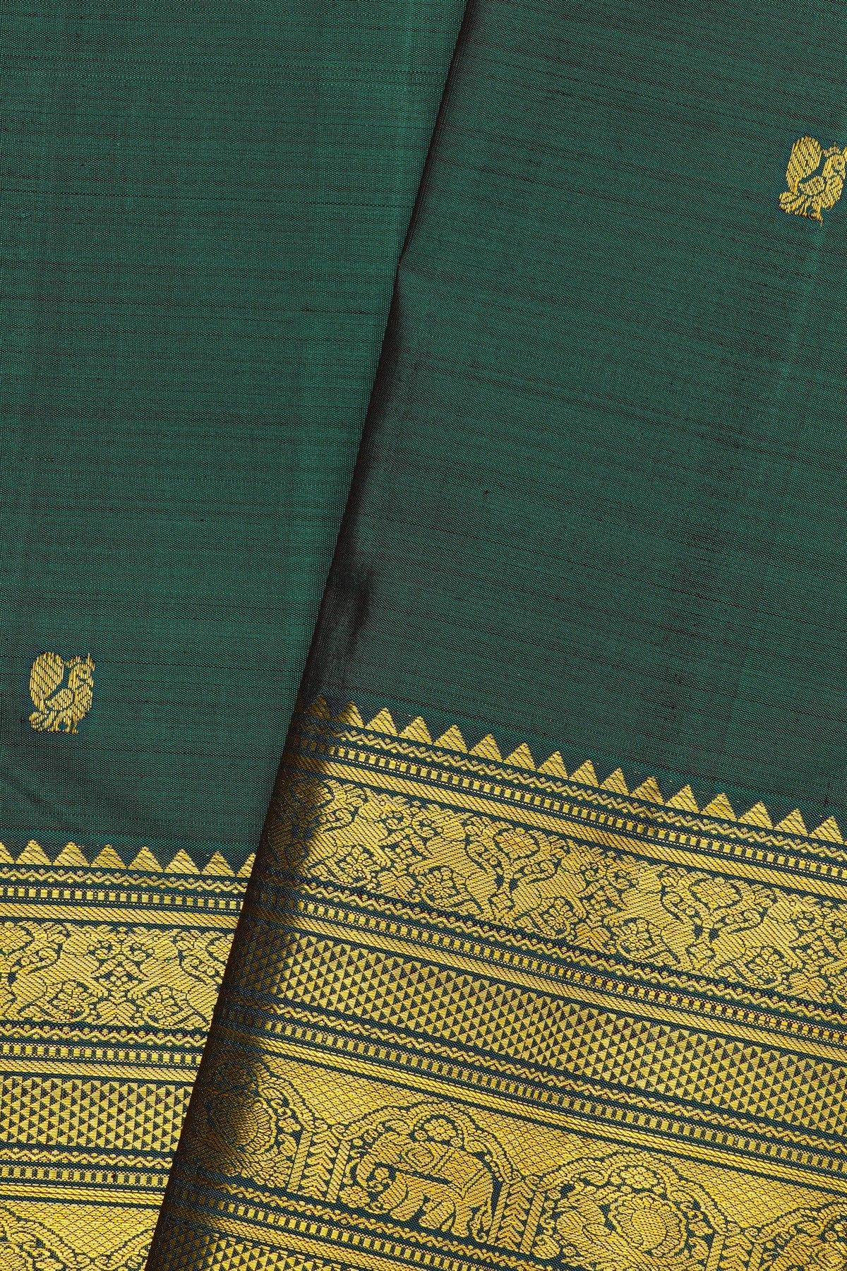 Kancheepuram Silk Bottle Green Saree With Floral Peacock And Elephant Zari Border