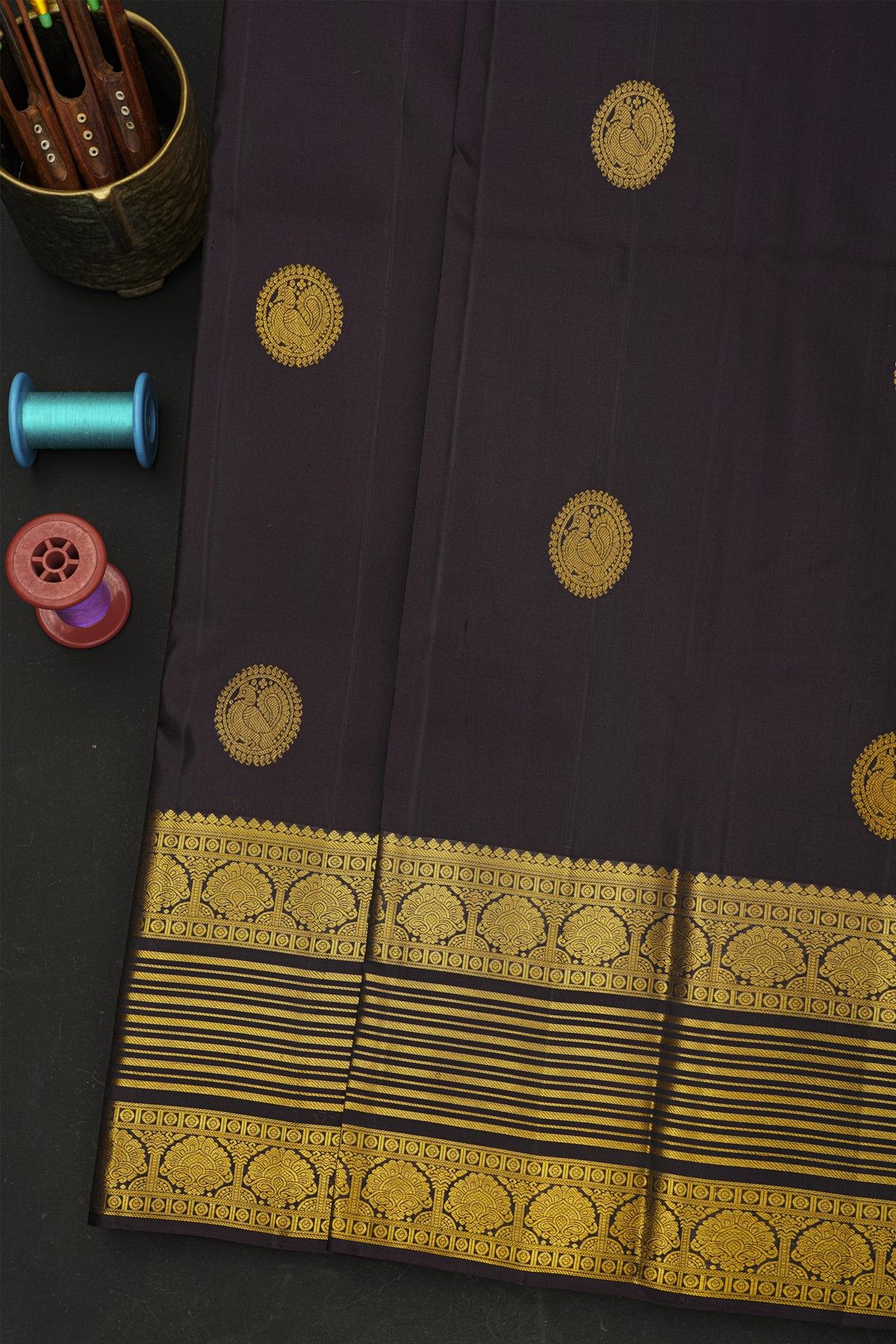Kancheepuram Silk Black Saree With Zari Lines And Florals In Temple Border