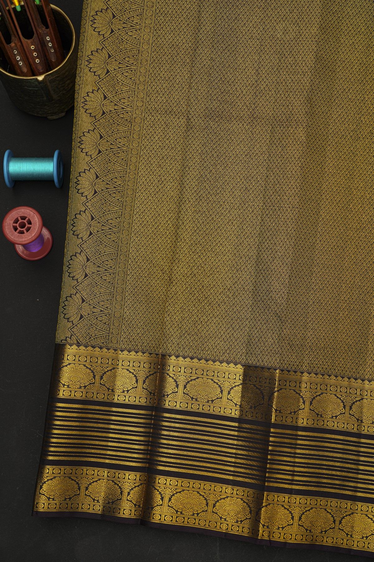 Kancheepuram Silk Black Saree With Zari Lines And Florals In Temple Border