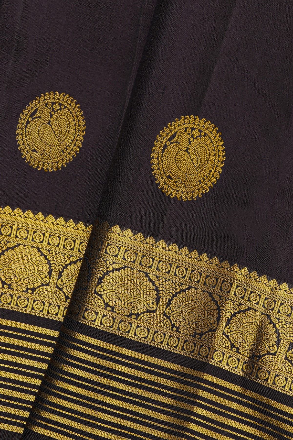 Kancheepuram Silk Black Saree With Zari Lines And Florals In Temple Border
