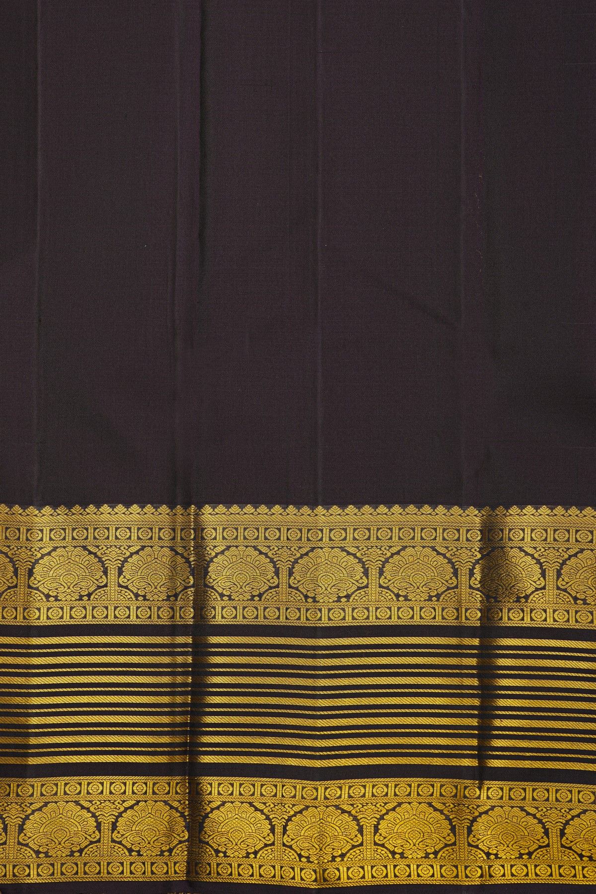 Kancheepuram Silk Black Saree With Zari Lines And Florals In Temple Border