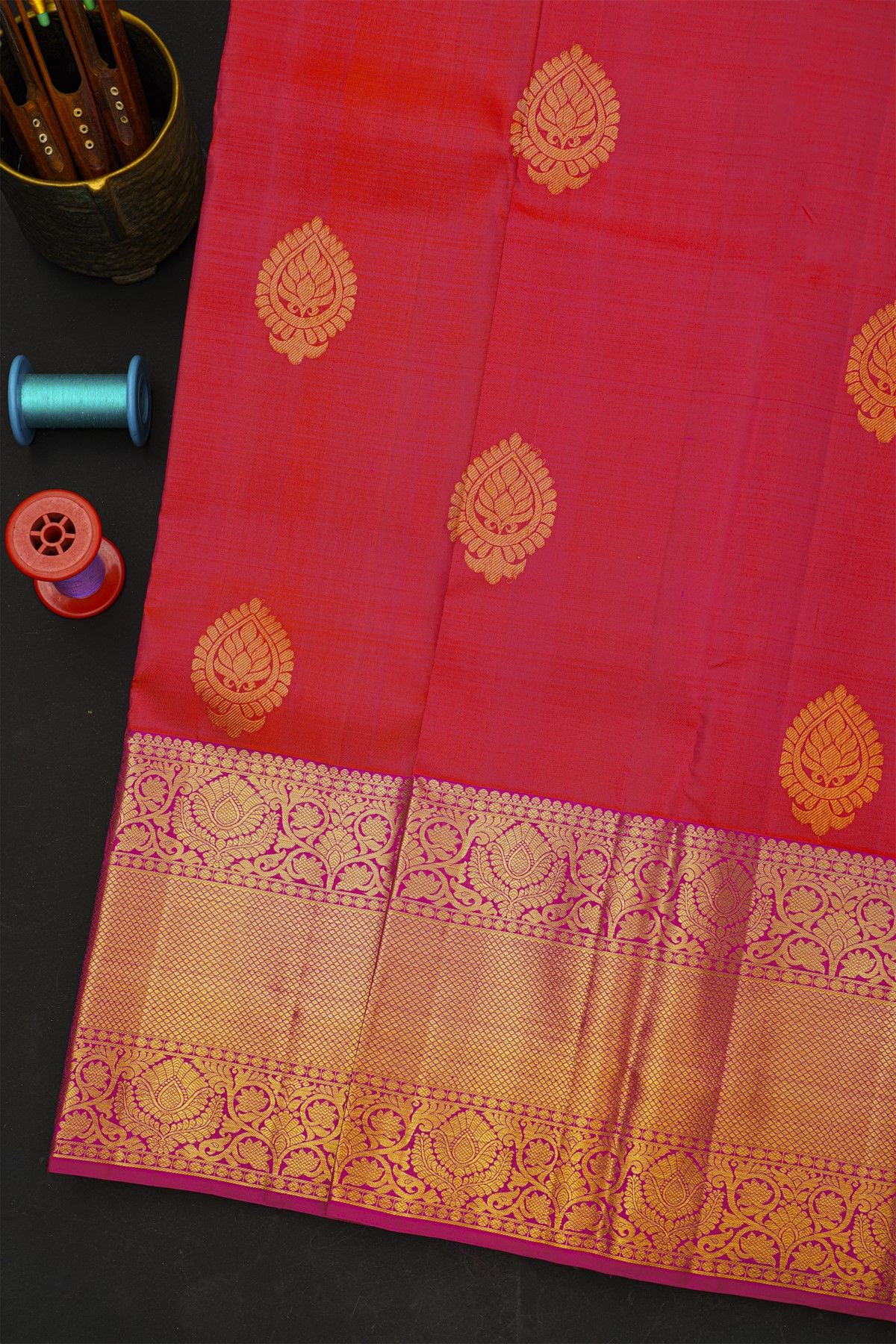 Kancheepuram Silk Reddish Pink Saree With Florals And Buttis Body
