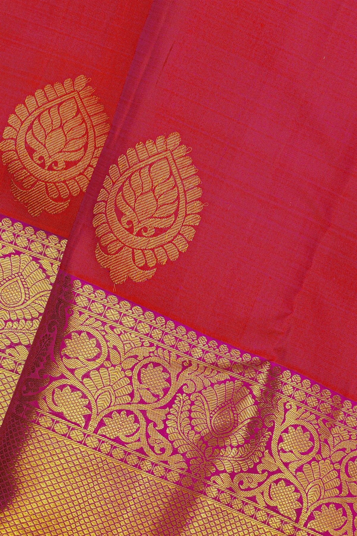 Kancheepuram Silk Reddish Pink Saree With Florals And Buttis Body