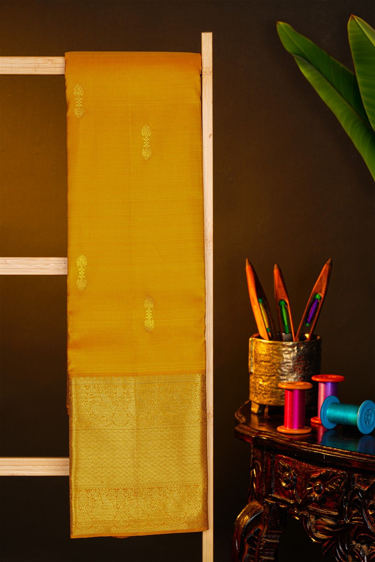 Kancheepuram Silk Mustard Yellow Saree With Peacocks And Zig Zag Kaddi Border