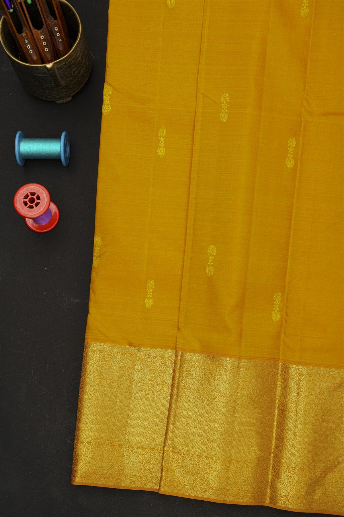 Kancheepuram Silk Mustard Yellow Saree With Peacocks And Zig Zag Kaddi Border