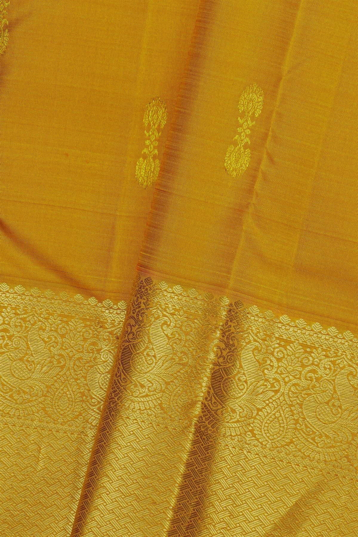 Kancheepuram Silk Mustard Yellow Saree With Peacocks And Zig Zag Kaddi Border