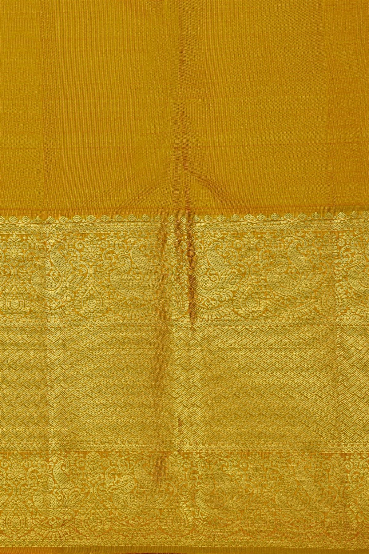 Kancheepuram Silk Mustard Yellow Saree With Peacocks And Zig Zag Kaddi Border