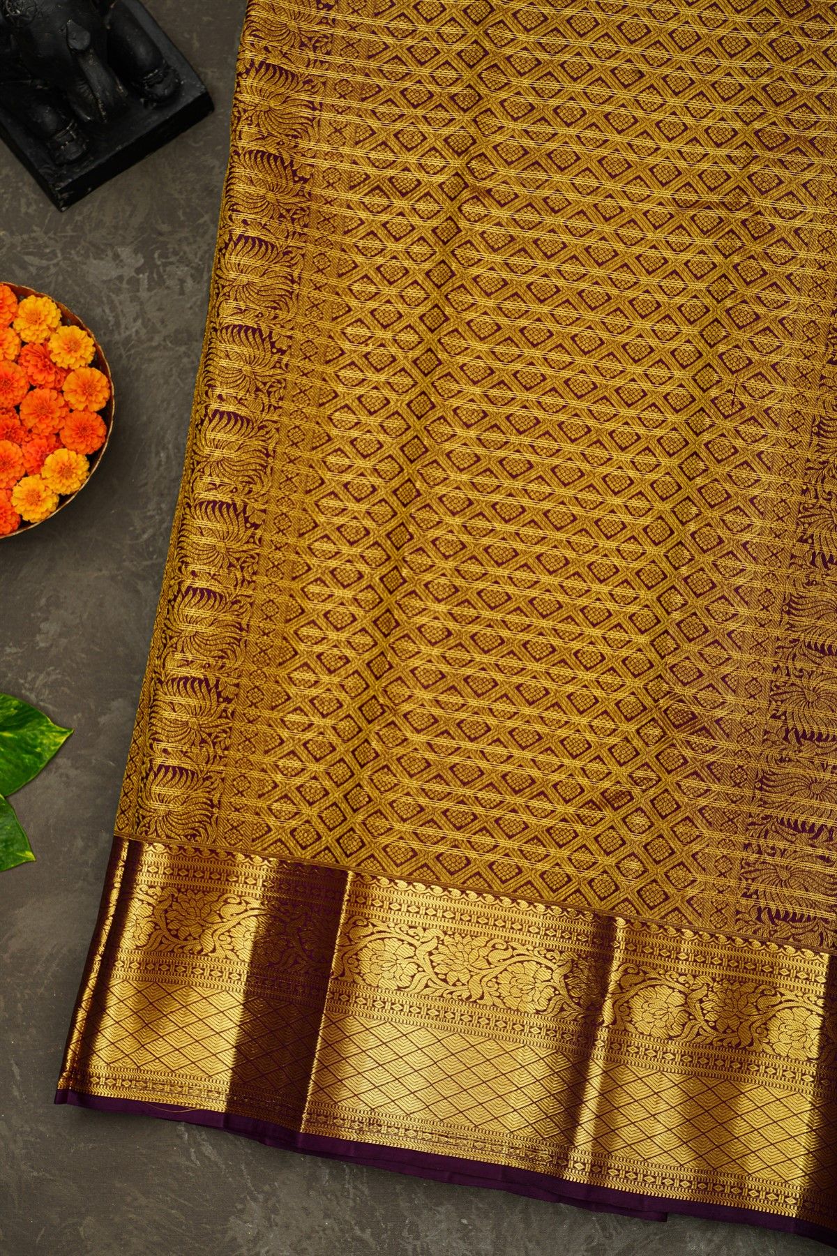 Kancheepuram Silk Dual Colour Saree With Florals And Peacock Buttis Body