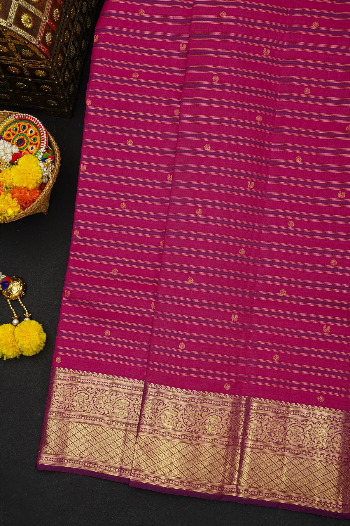 Kancheepuram Silk Multi-Colour Saree With Florals And Peacocks In Lines Body