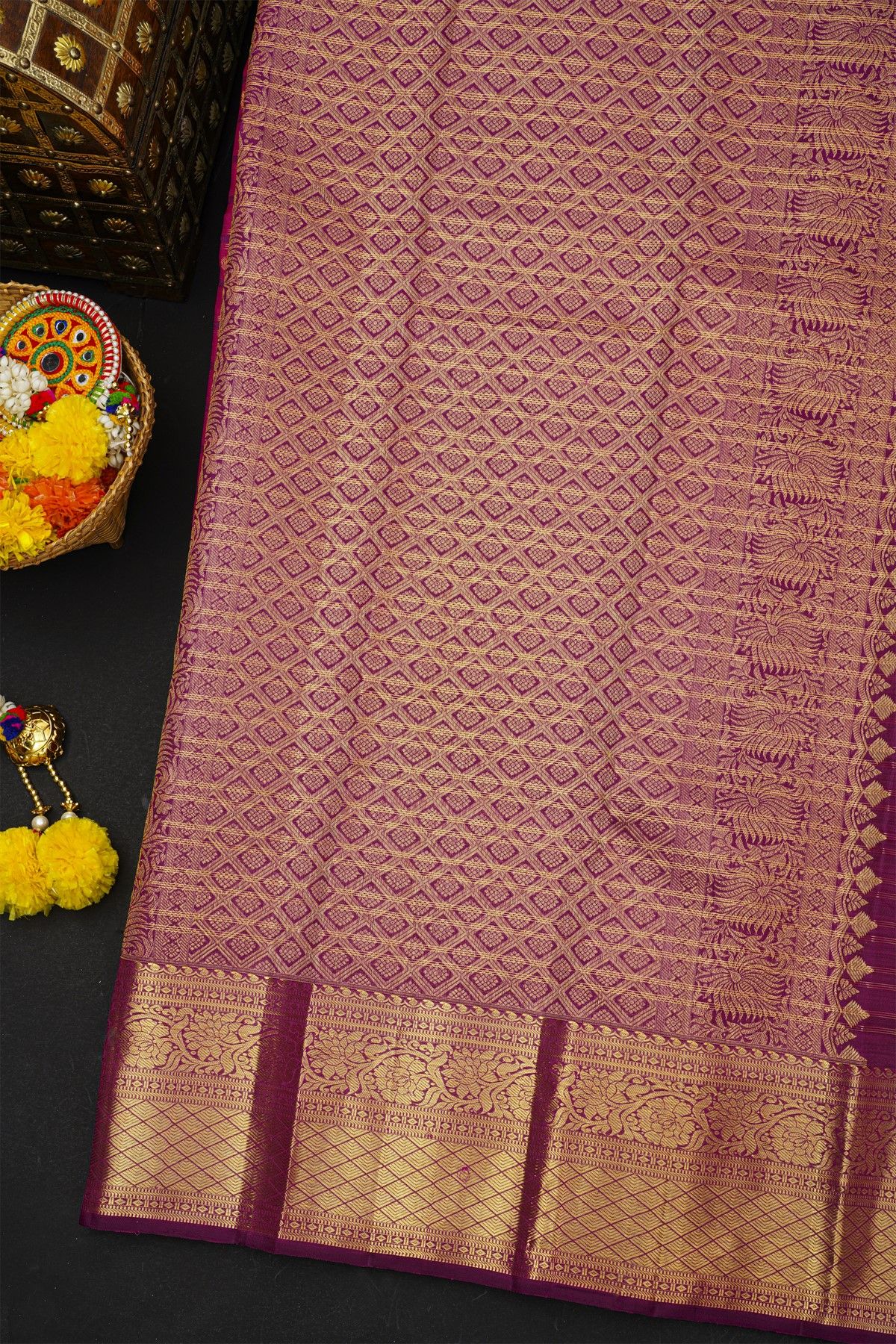 Kancheepuram Silk Multi-Colour Saree With Florals And Peacocks In Lines Body