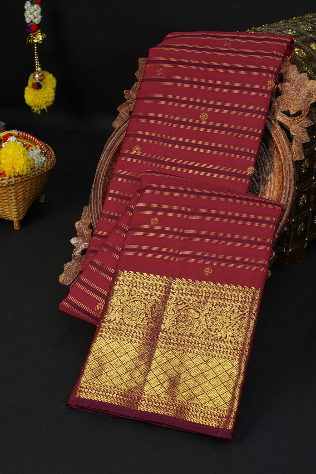 Kancheepuram Silk Multi-Colour Saree With Florals And Peacocks In Lines Body