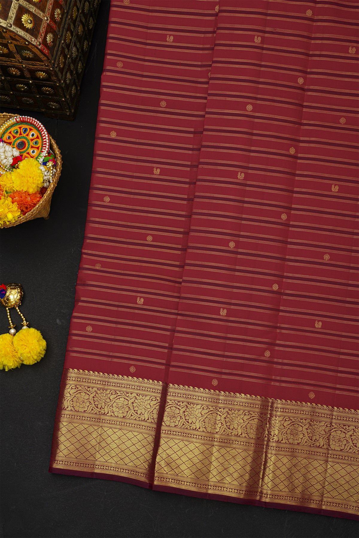 Kancheepuram Silk Multi-Colour Saree With Florals And Peacocks In Lines Body