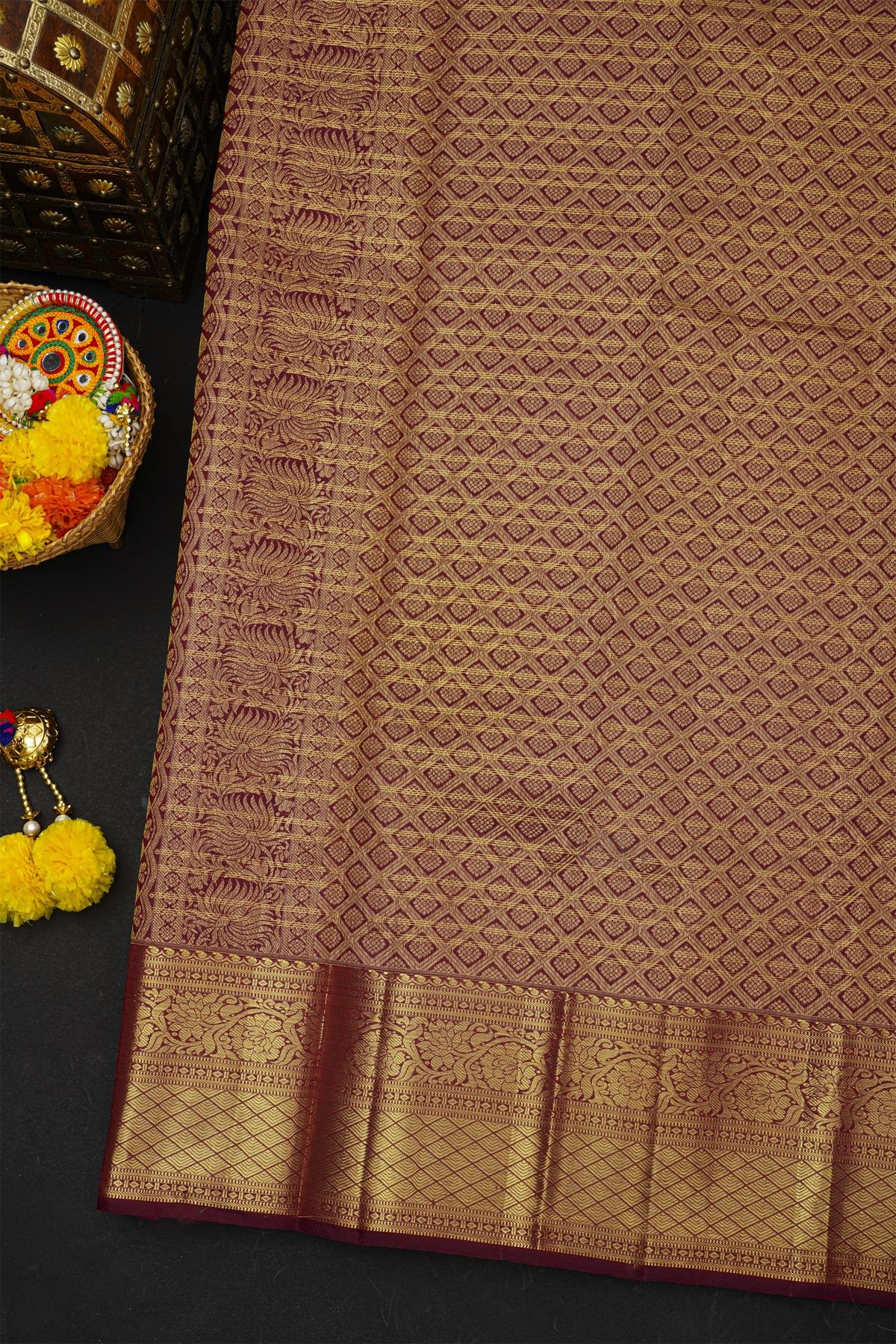 Kancheepuram Silk Multi-Colour Saree With Florals And Peacocks In Lines Body