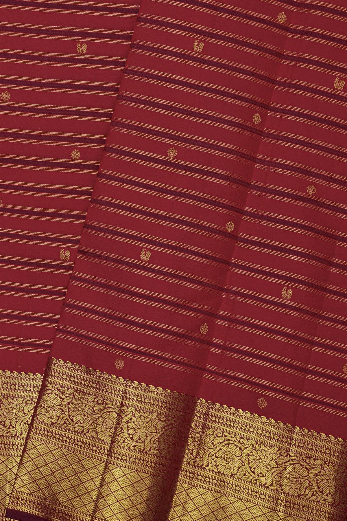 Kancheepuram Silk Multi-Colour Saree With Florals And Peacocks In Lines Body